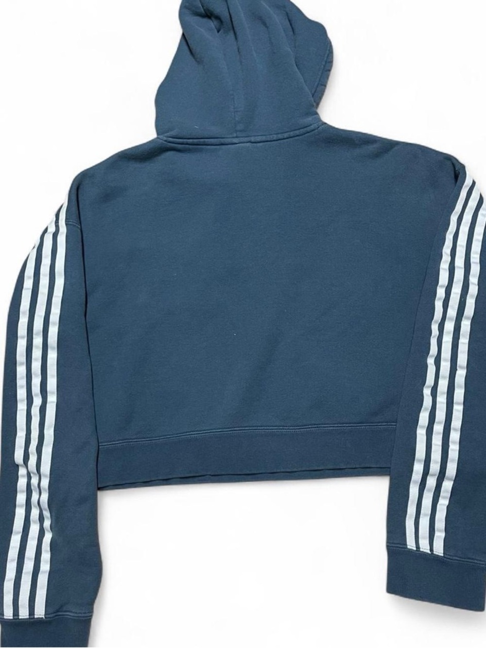 Adidas Cropped Hoodie Womens Sz 6 Small Navy Blue Boxy Sweatshirt 3 Stripe Logo - Picture 5 of 8